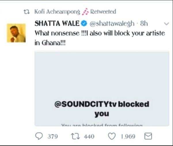 Soundcity Blocked Shatta Wale On Twitter