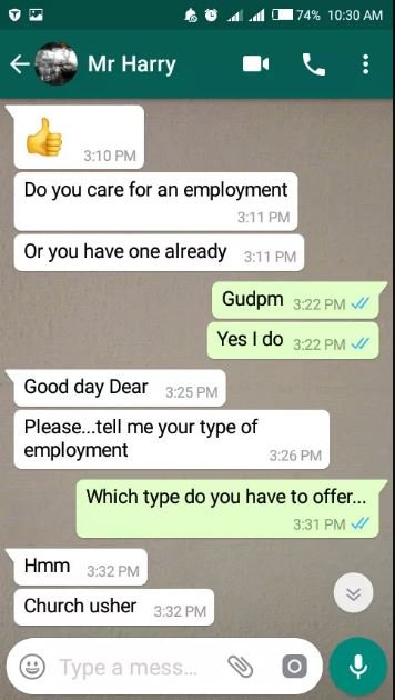 Lady Shares Chat With A Guy Who Asked For “$3x” In Exchange For A Job