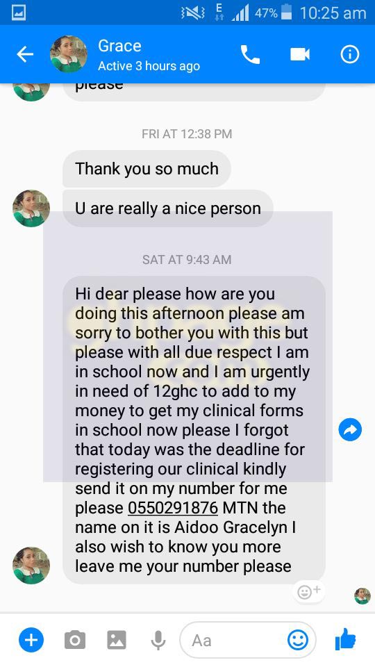 BUSTED! Social Media Users Shares Screenshots Of Chats They Had With A Facebook Nurse Disturbing Them For Just GHC 10