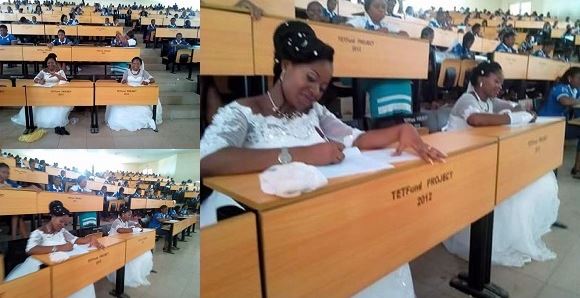 Two students of Benue State University in Nigeria write final exams in their wedding gowns (Photos)