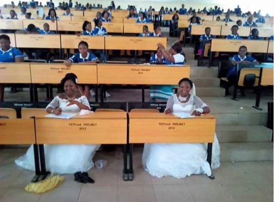 Two students of Benue State University in Nigeria write final exams in their wedding gowns (Photos)
