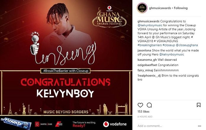 VGMA 2018: Kelvin Boy crowned the Closeup VGMA Unsung Artiste of the year