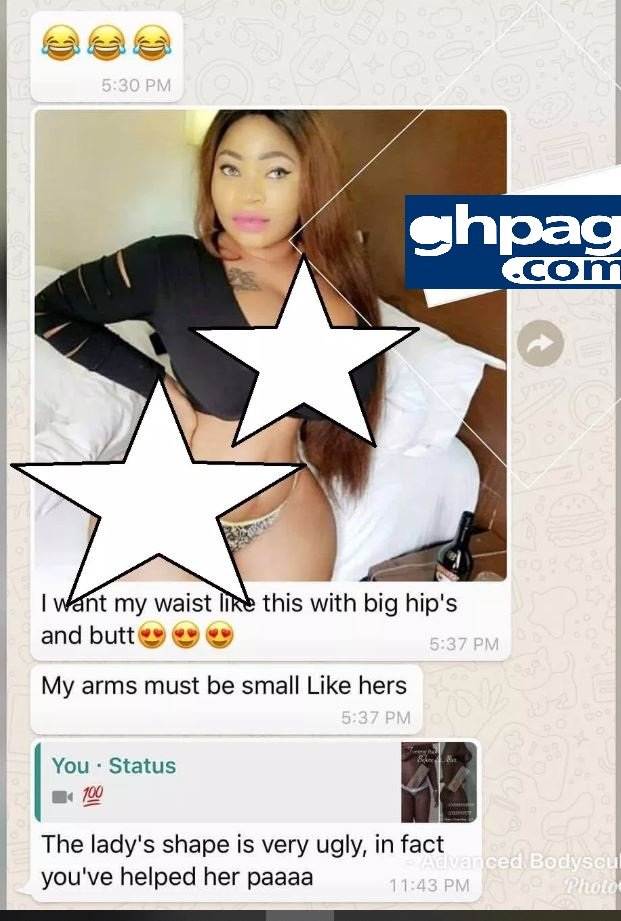 A leak Whatsapp chat between one of the Ghanaian celebs and Obengfo discussing butt and boobs enlargement