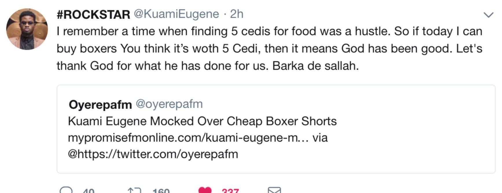 Kuami Eugene responds to trolls that he wears 5 cedis boxer shorts