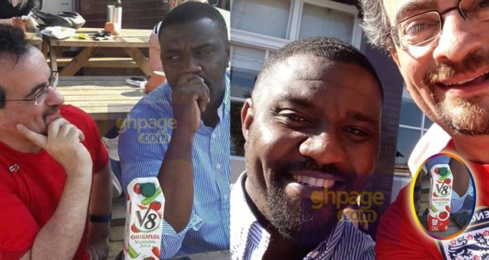 Photos of John Dumelo and Jon Benjamin drinking V8 Juice in UK pops up