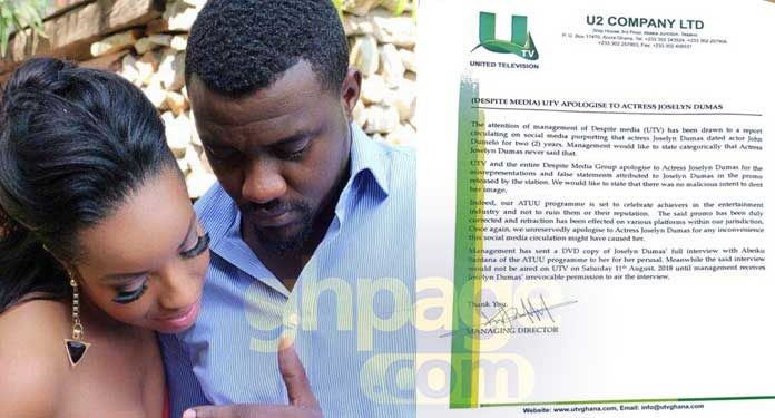 Statement: UTV (Despite Media) Apologises To Actress Joselyn Dumas over dating Dumelo comments