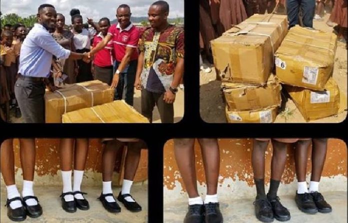 Abraham Attah donates 5 boxes of shoes to students in Teacher Kwadwo’s school