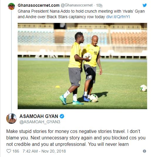 "Make stupid stories for money; ‘I’ll block you" - Asamoah Gyan fires Ghanasoccernet 