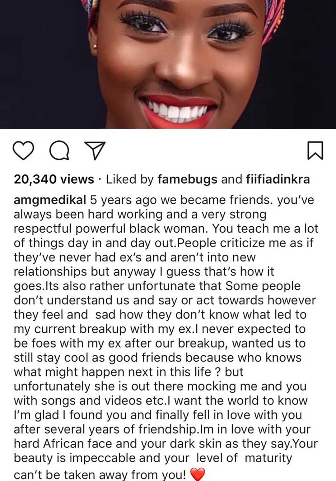 Medikal's post praising Fella