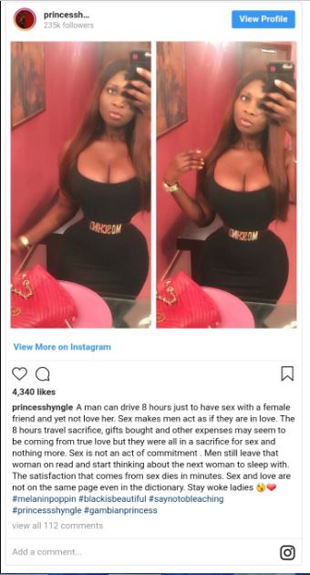 "Sex makes men act as if they are in love; stay woke ladies" - Princess Shyngle advises