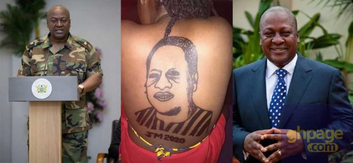 Woman tattoos former President John Dramina Mahama at her back