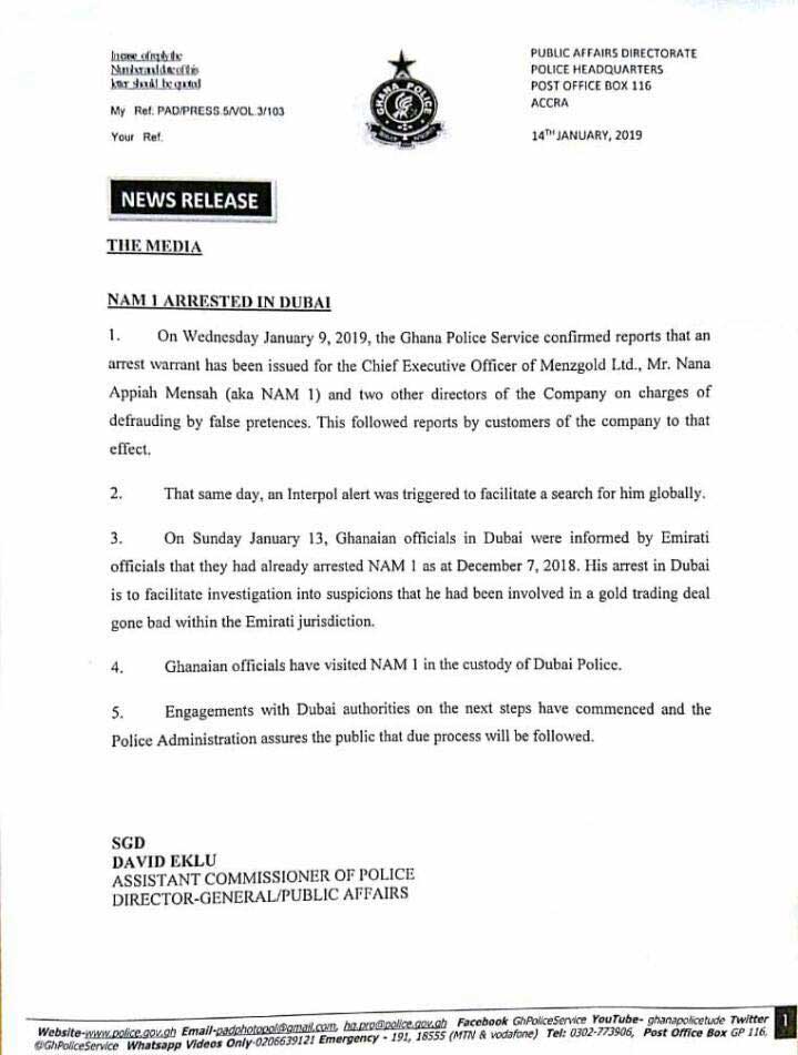 Ghana police confirm NAM1's arrest