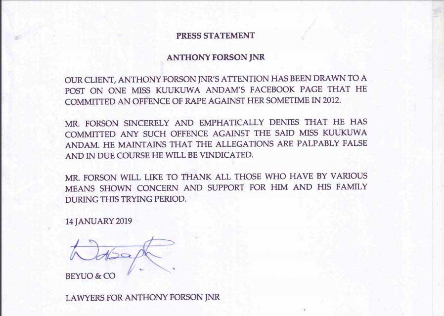 GBA president Anthony Forson Jnr reacts to rape allegations