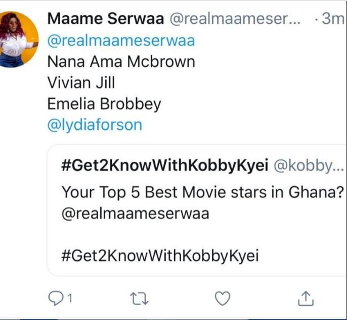 Maame Serwaa lists her top 4 movie stars in Ghana and it's very surprising