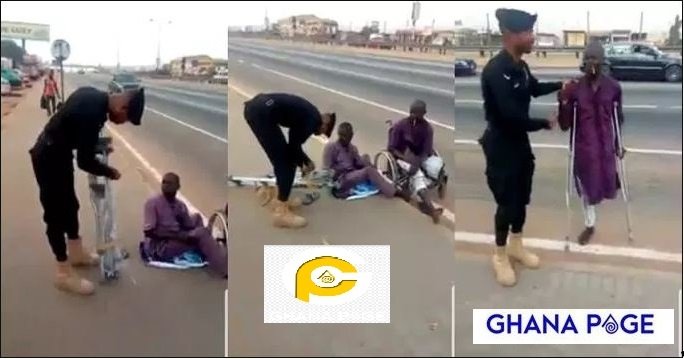 Ghanaian Police Officer buys crutches for a disabled street beggar