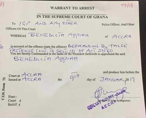 Warrant for the arrest of Benedicta Appiah