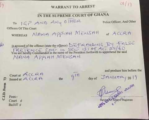 Warrant for the arrest of Nana Appiah Mensah