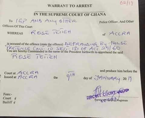Warrant for the arrest of Rose Tetteh