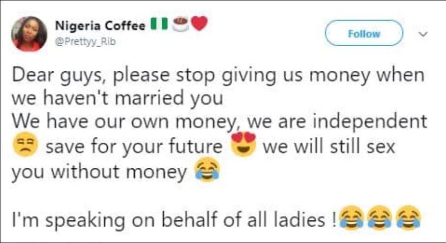 'Guys, stop giving us money and save for your future' – Nigerian lady