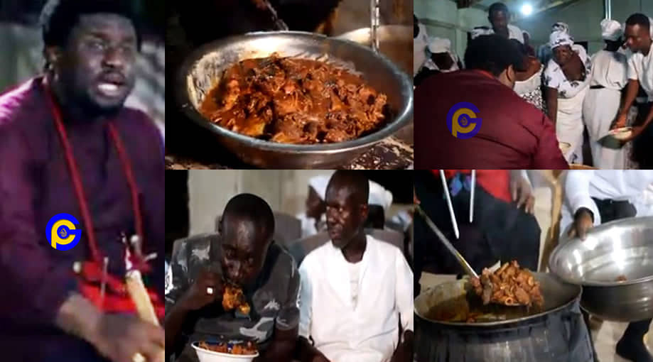 Video of a Ghanian pastor who shares fufu and cow meat soup after church service goes viral [Watch]