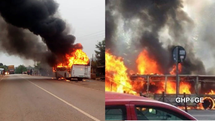 Bus catches fire on Kintampo-Tamale Highway