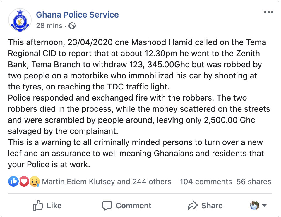 "Eye witness stole the over GHC 100,000 after robbers were shot"- Police claims only GHC 2,500 was recovered