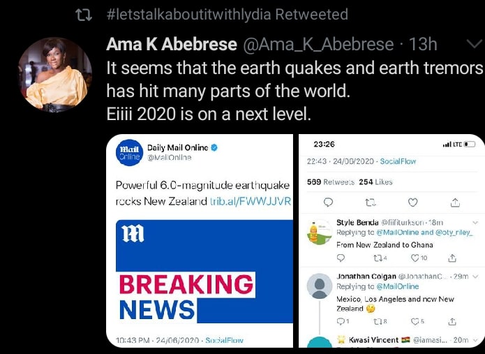 Ama K Abebrese reacts to earth tremor
