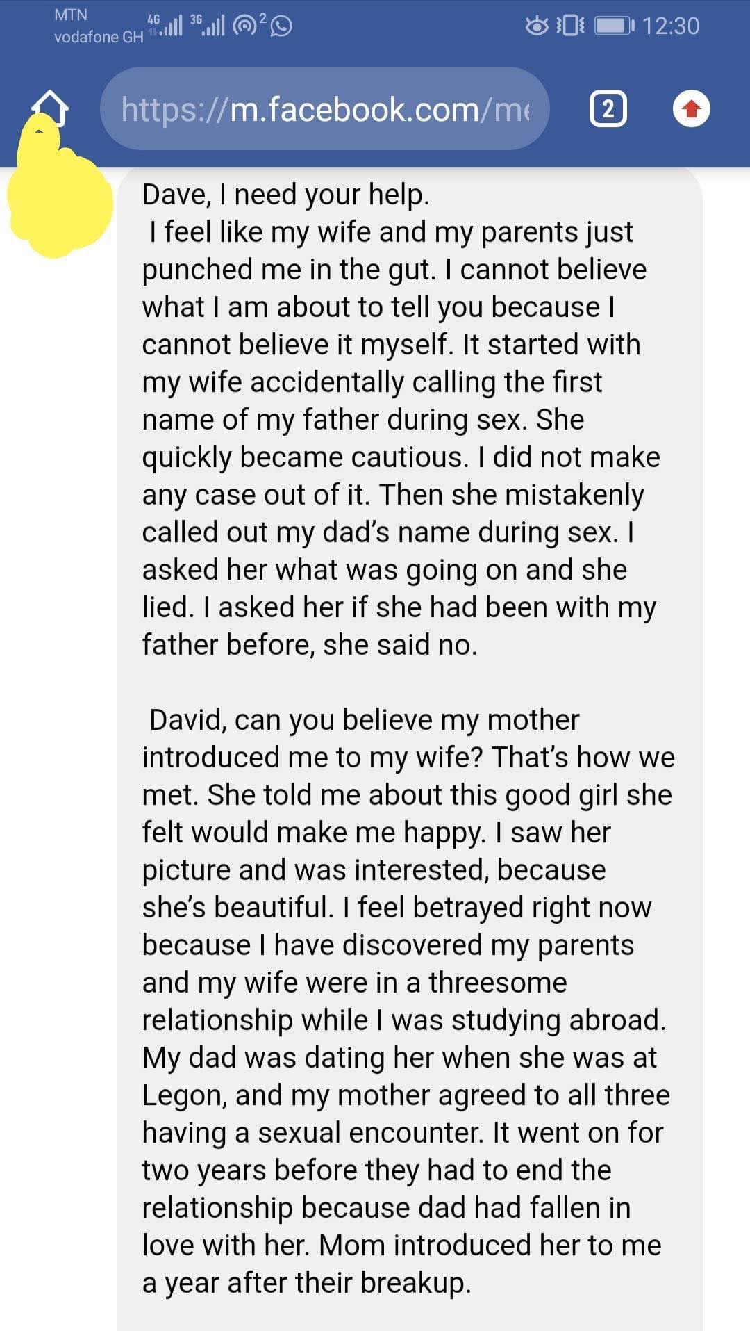 Man discovers his wife slept with  both of his parents