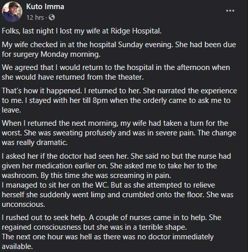 A doctor at Ridge Hospital kills wife of a Ghanaian man with wrong prescription