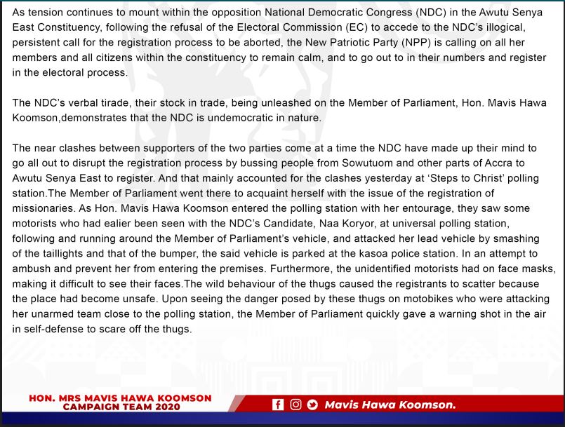 NPP's Hawa Koomson justifies firing gun at voter's registration center
