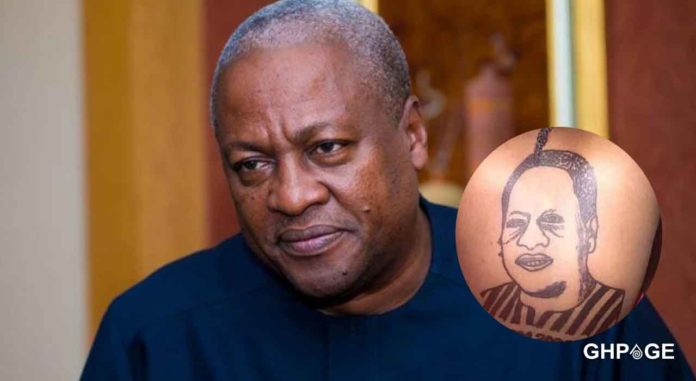Ghanaian lady with a tattoo of Mahama at her back causes confusion on social media