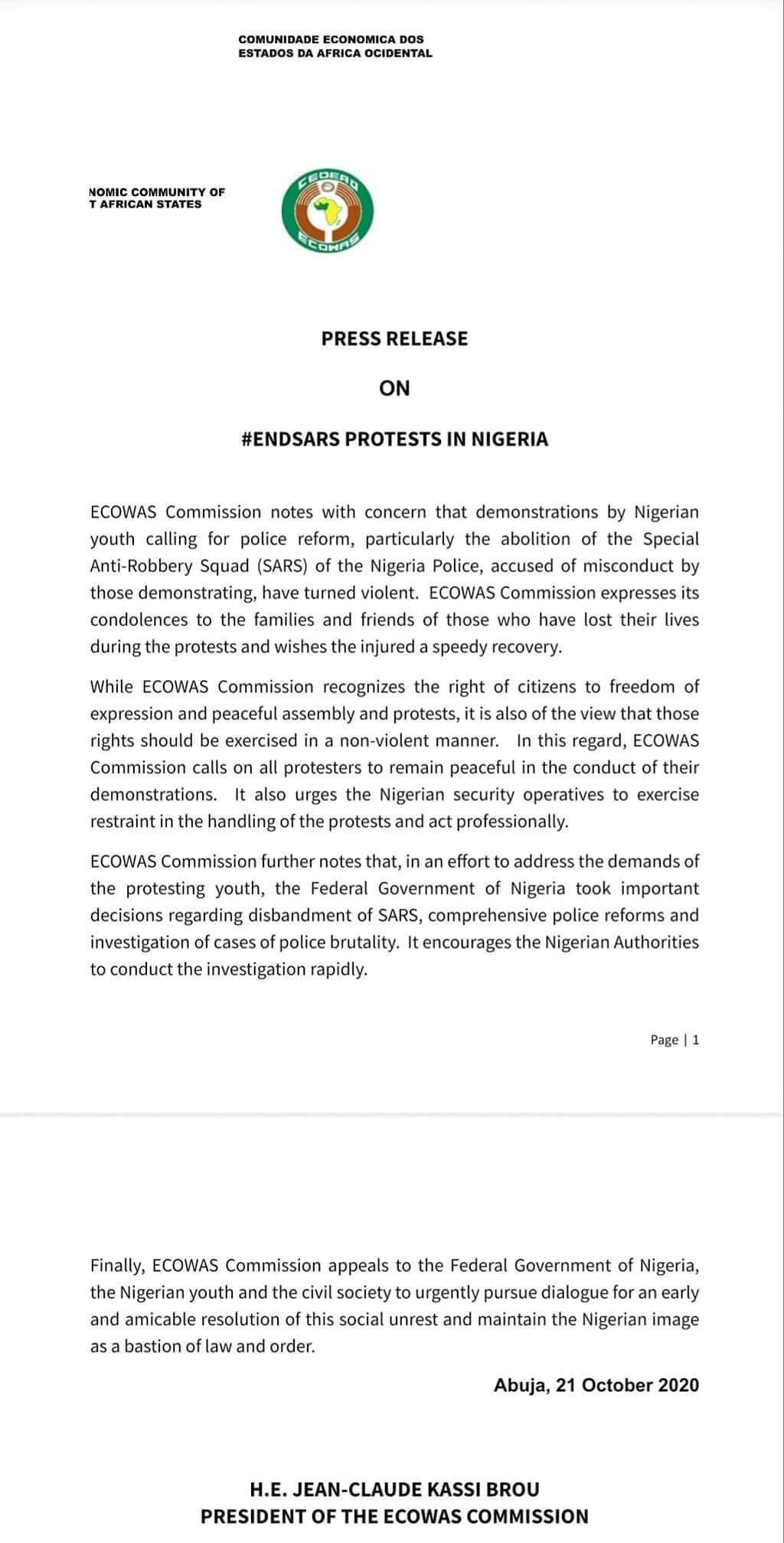 ECOWAS Speaks on #EndSARS brutalities