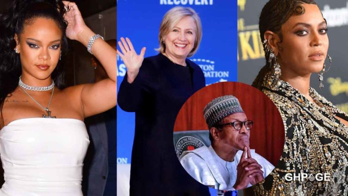 Rihanna(L) Hillary Clinton(M) Beyonce(R) Buhari(C)
