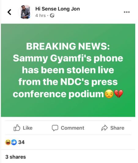 Sammy Gyamfi phone lost