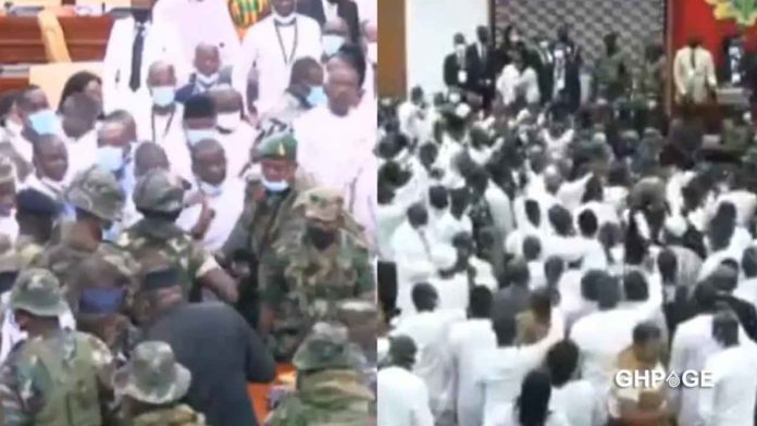 Moment soldiers and police storm parliament to bring calm between NPP & NDC (Video)