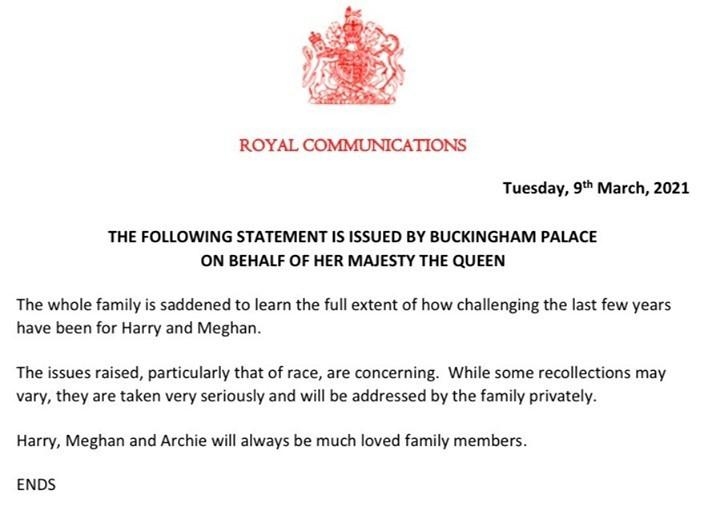 Royal family releases Press statement to react to Meghan Markle And Prince  Harry's interview - GhPage