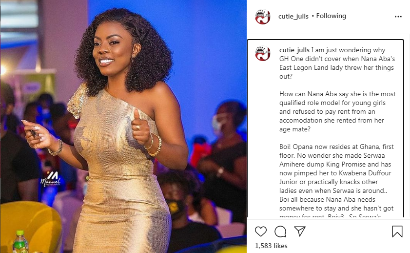 "Nana Aba Anamoah sacked from her East Legon home for failing to pay rent"