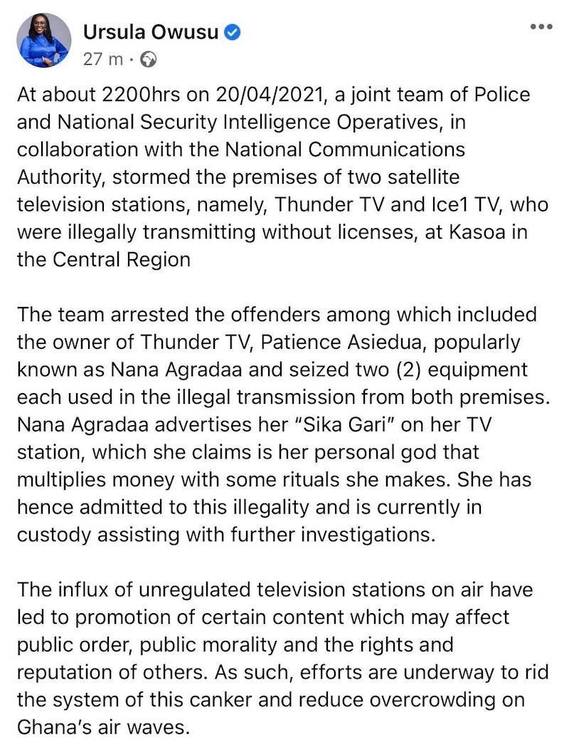 Agradaa granted bail, goes home from BNI custody after paying license for her TV stations.