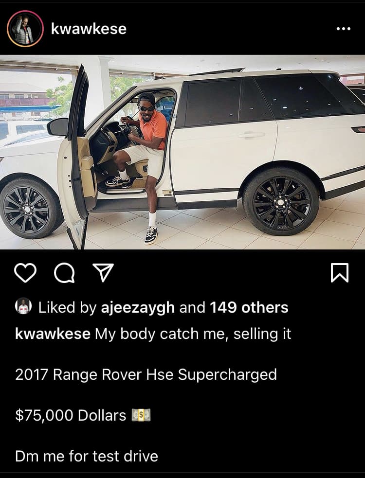 "I am broke"- Kwaw Kese says as he puts his range rover up for sale.