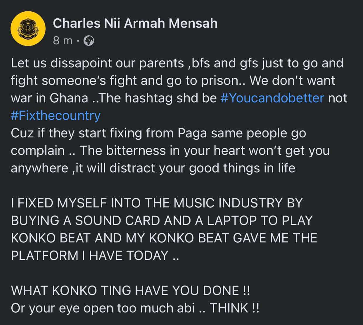 Shatta Wale's comment on Fix The Country