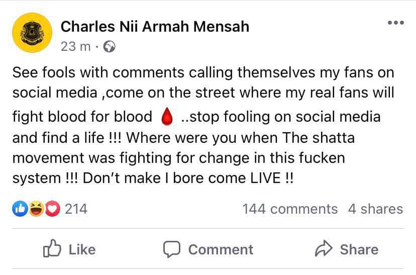 Shatta Wale's comment on Fix The Country
