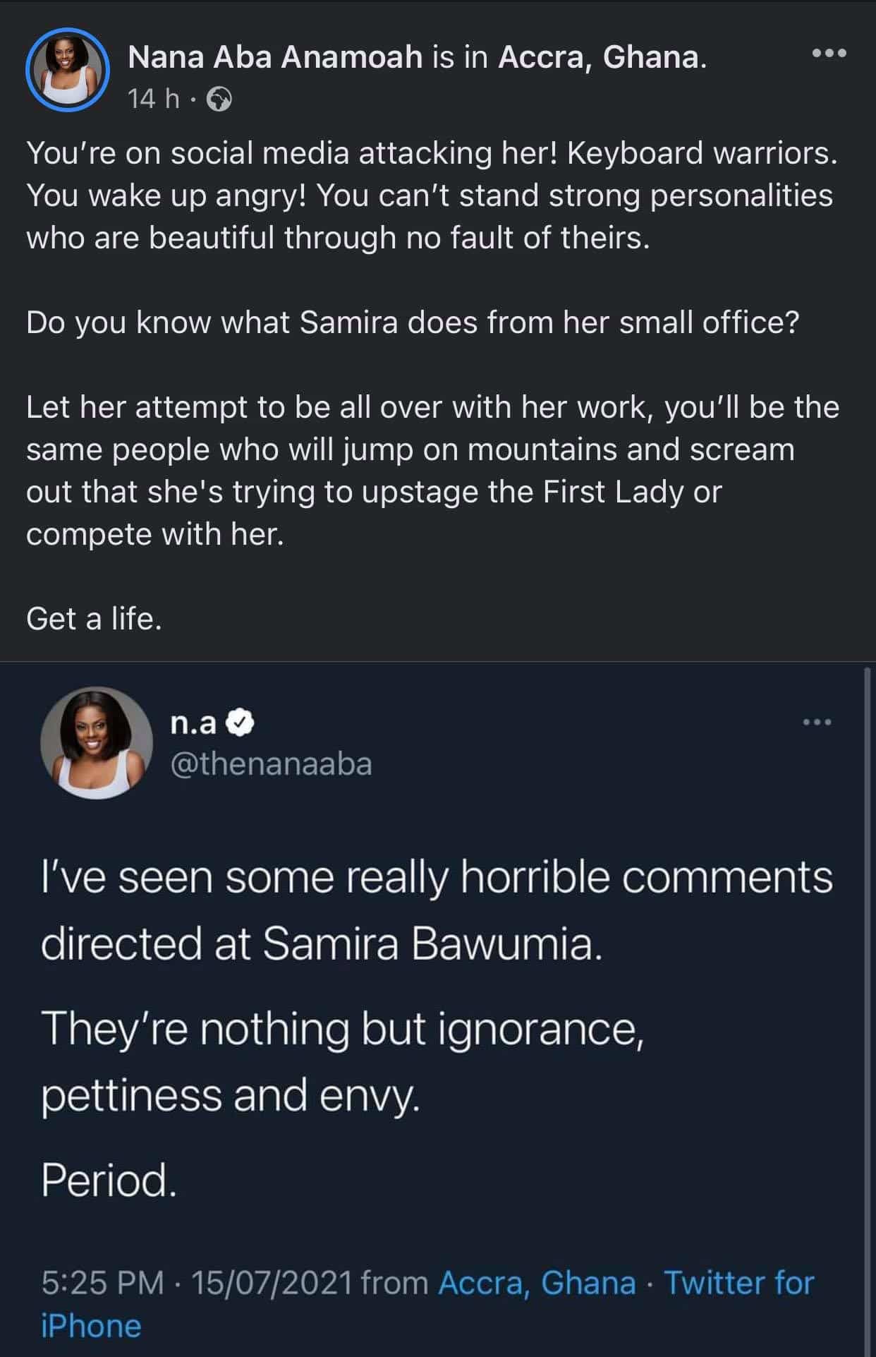 Nana Aba Anamoah's post defending Samira Bawumia that angered Netizens