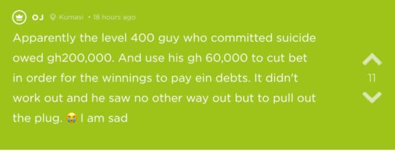 reports claim the KNUST final year student k!lled himself after losing Ghc 60,000 on betting