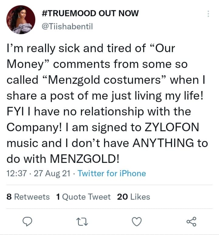 "I am sick of menzgold customers asking me for their monies"- Zylofon signee Tiisha