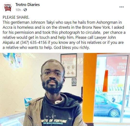 Homeless Ghanaian man living on the streets of New york begs to return home back to Ghana