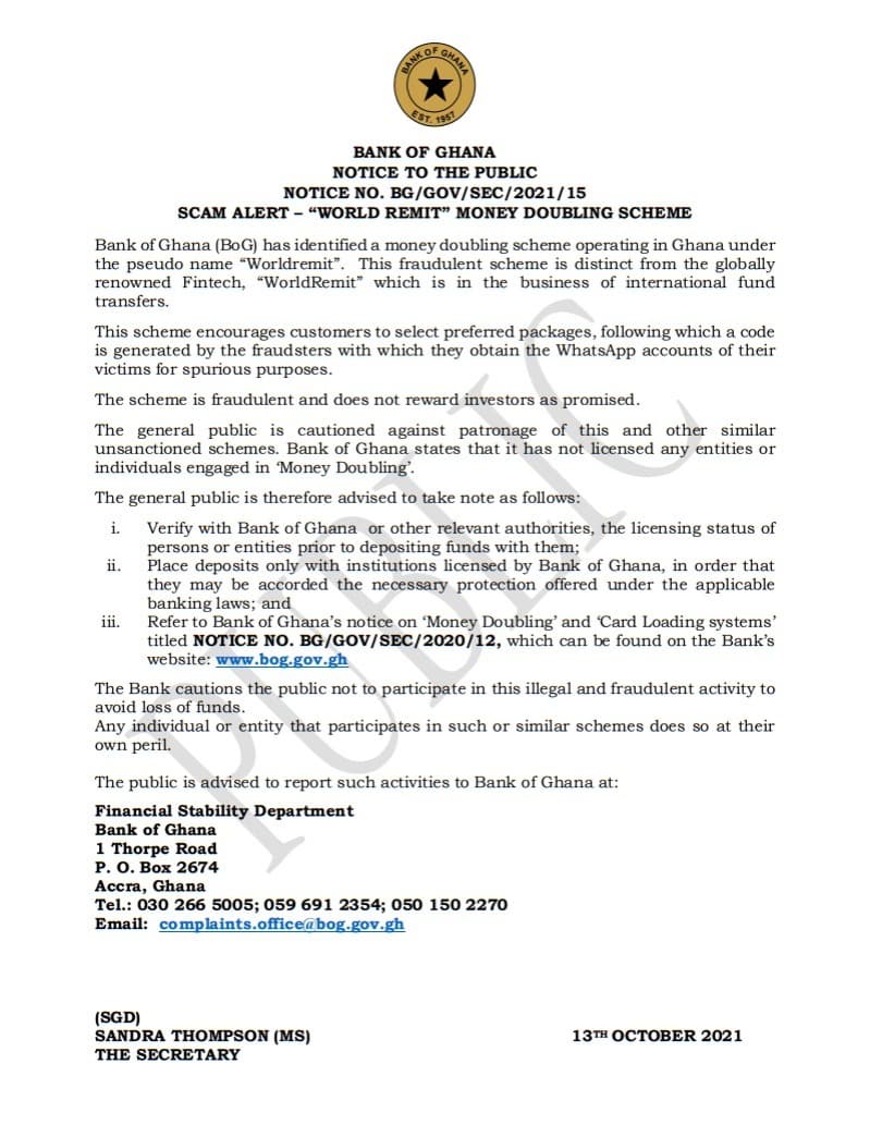 ‘Worldremit’ money doubling scheme is a scam BoG warns it's distinct from remittance service