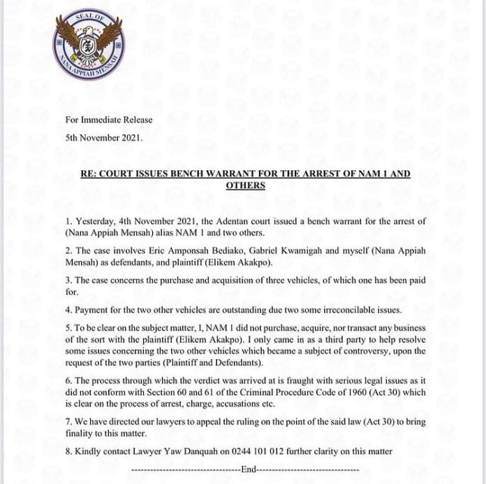 NAM 1 finally speaks after court issued warrant for his arrest 2 nana appiah mensah bench warrant