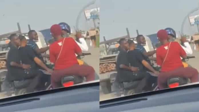 Interesting moment boy comes down from okada to take number of a lady on another okada in traffic