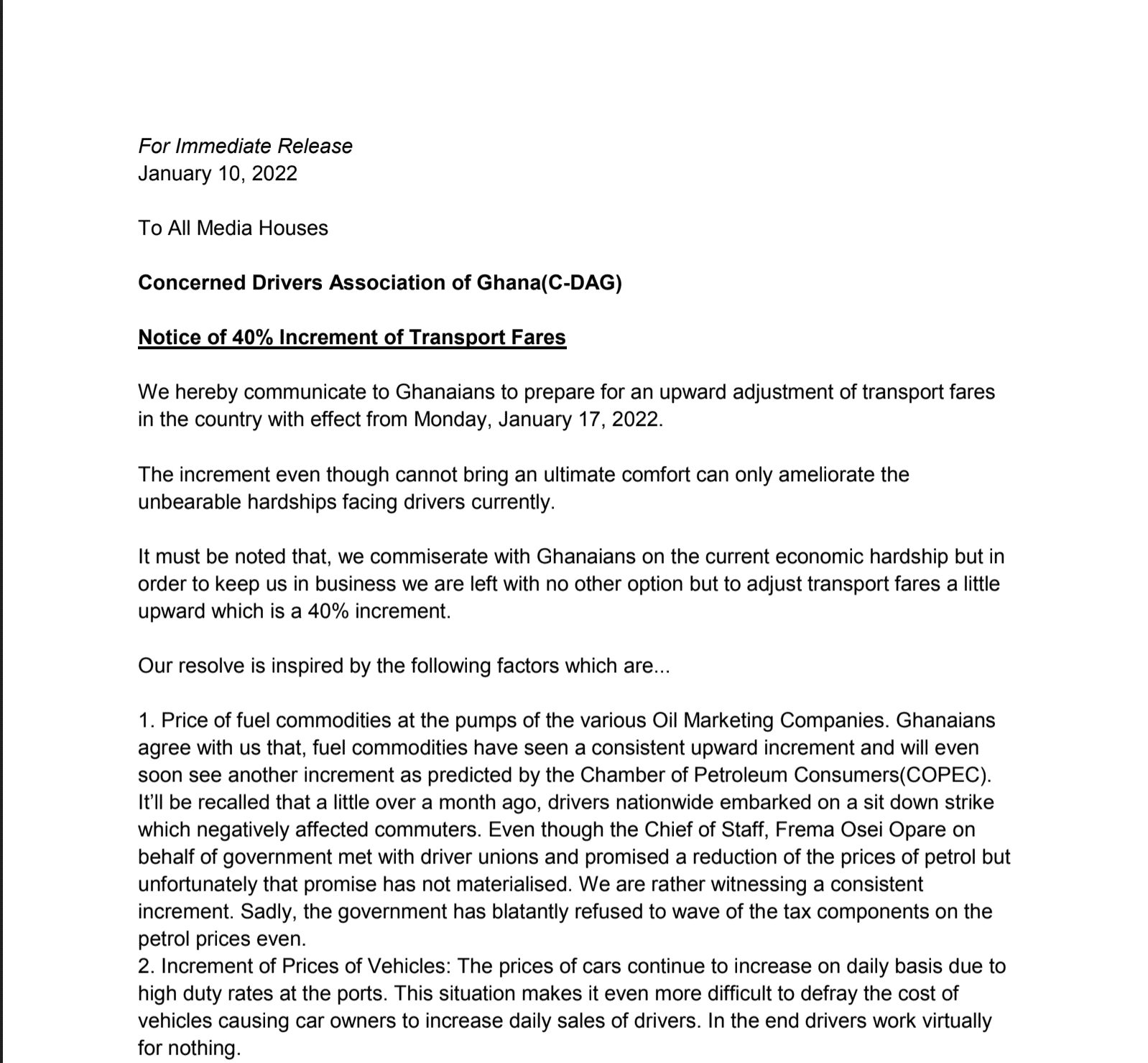 Transport fares to go up by 40% from January 17 - Drivers Association announce