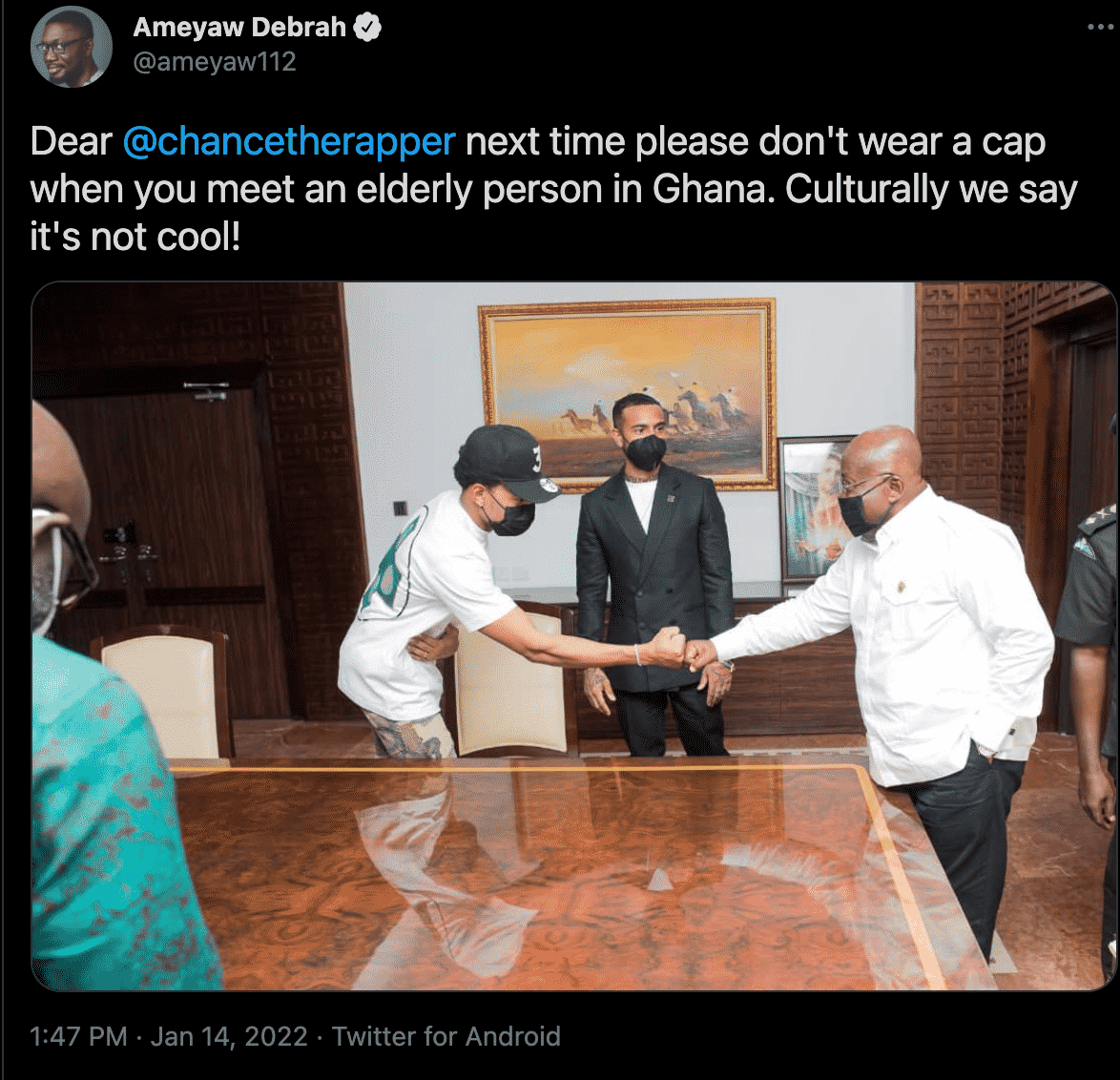 In Ghana, it's culturally unacceptable to greet an elderly while in cap – Ameyaw Debrah schools Chance The Rapper
